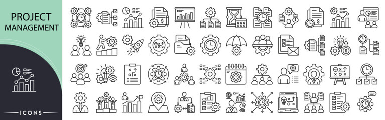 Project management related icon collections. Containing planning, task, timeline, team, deadline, goal, progress, strategy, collaboration, and report icons. Editable Stroke. Outline icons.