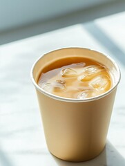 Paper cup of iced coffee on a white marble countertop. the cup is beige in color and has a white rim. the coffee is a light brown color and appears to be freshly brewed with ice cubes floating in it.