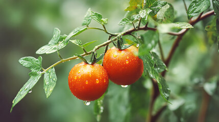 Obraz premium Ripe juicy red tomatoes in water droplets hanging on a branch with green leaves. Gardening