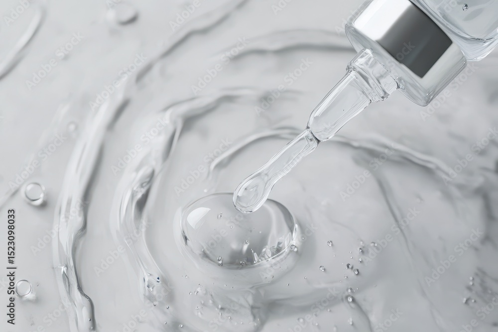 Aufkleber droplet from glass pipette falls into clear liquid on smooth surface creating ripples and bubbles in