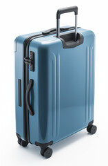 a blue suitcase with black wheels, viewed from a high angle with deep perspective