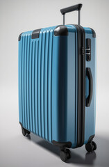 a blue suitcase with black wheels, viewed from a high angle with deep perspective