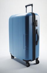 a blue suitcase with black wheels, viewed from a high angle with deep perspective