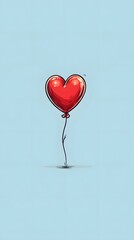 Minimalist red heart balloon floating on a light blue background, symbolizing love, joy, celebration, lightness, and heartfelt emotions.
