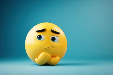 Fototapeta premium Sad yellow emoji pondering with furrowed brows against a blue background