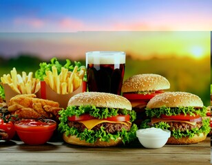 Delicious burgers, fries, and drinks