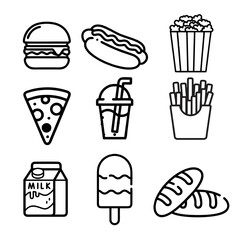 Black and White Fast Food Icons Set - Outline Style Junk Food Vector Illustration