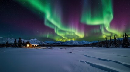 Northern lights dance over snowy cabin