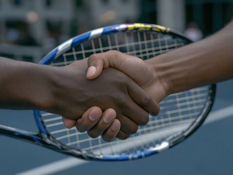 Two athletes shake hands on a tennis court, showcasing sportsmanship and camaraderie, with a tennis racket in the background emphasizing the competitive spirit of the game