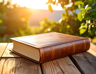 Book on wooden table, sunrise