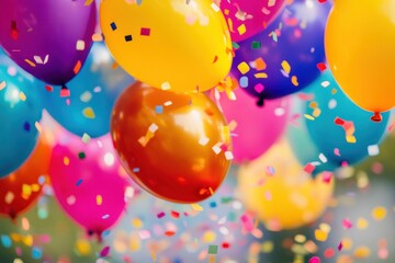 Colorful balloons and confetti create a festive atmosphere during a celebration outdoors in the afternoon