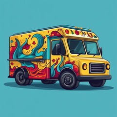Colorful food truck with artistic design parked on a sunny day in a city