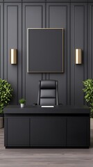 Elegant Black Workspace Interior Design: Sophisticated Desk, Comfortable Chair, Stylish Wall Decor and Lush Plants for Enhanced Productivity.