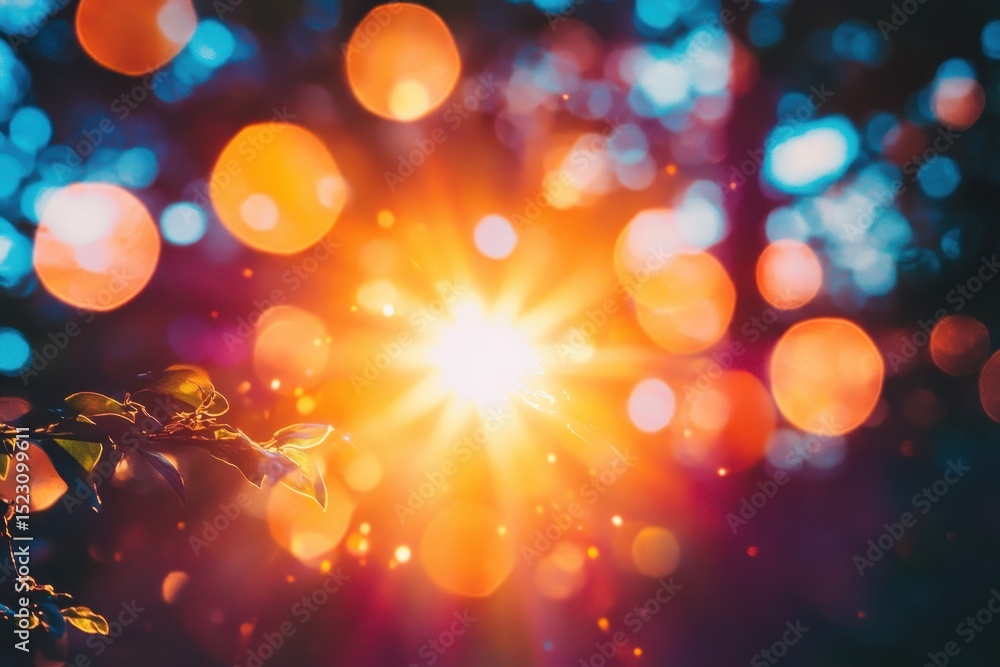 Poster sunlight filtering through leaves creating a vibrant bokeh effect in a serene forest setting during 