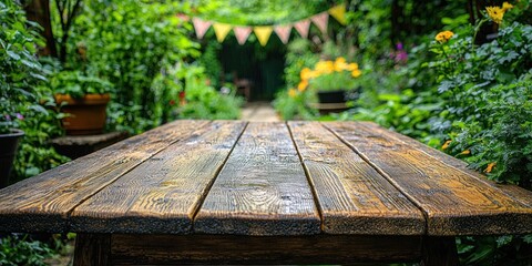 Fototapeta premium Rustic wooden table in a garden setting
