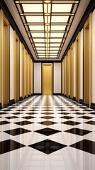 Fototapeta premium Elegant hallway with checkered floor, golden doors, and illuminated ceiling: creating a luxurious interior perspective.