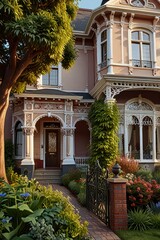 Fototapeta premium Victorian house with ornate details, lush landscaping