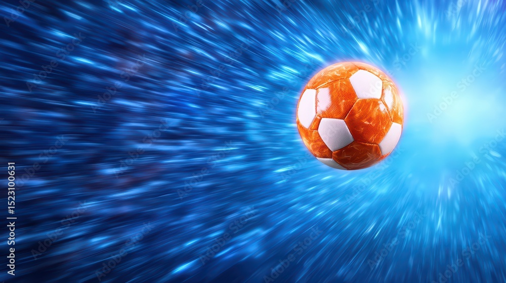 Poster vibrant soccer ball in motion with dynamic blue background and speed lines creating a sense of energ