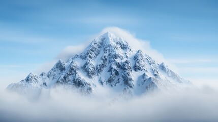 Obraz premium Majestic Snow-Capped Mountain Peak Surrounded by Soft Clouds Against a Blue Sky