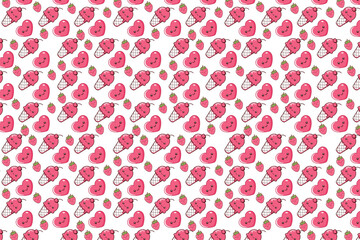 Cute Summer Fruit Ice Cream Pattern Seamless Background, Kawaii Strawberry Lime Illustration Design for Fabric, Wallpaper, Stationery, Packaging, Digital Paper Prints
