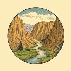 Landscape scene with a winding river, logo vintage