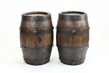 Obraz premium Decorative vintage wooden barrels, Several vintage wooden barrels with a weathered finish, artistically displayed to highlight their decorative appeal