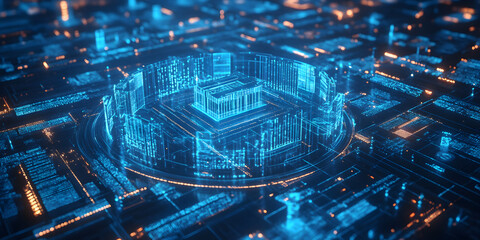 Conceptual Visualization of Public Sector Services and Government Departments Represented in Holographic Icons