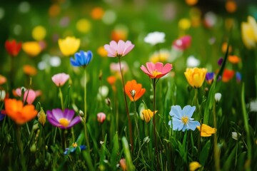 Obraz premium Brightly colored wildflowers bloom in a sunny meadow during springtime