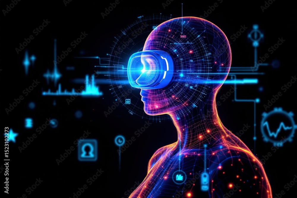 Poster virtual reality user with digital interface and technology elements