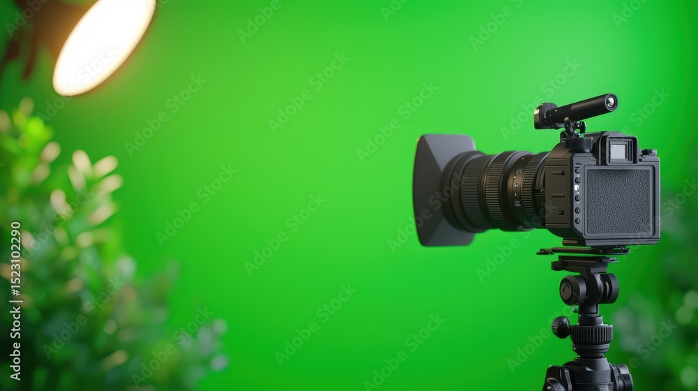 Poster professional camera setup on tripod with bright light source and green backdrop for video shooting o