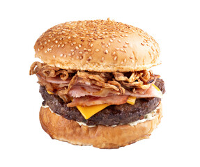 bacon hamburger and crispy cheddar onion angled