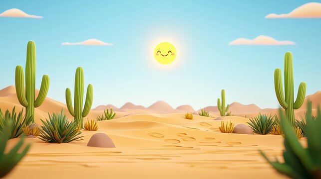 Cartoon Style Desert Landscape with Cacti, Sun, Sand Dunes, and Blue Sky, Perfect for Illustrations and Backgrounds