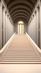 Grand Marble Staircase Leading to Arched Window, Flanked by Classic Columns and Vaulted Ceiling Architecture.