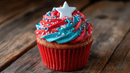 Red white and blue frosted cupcake with star decoration on rustic wooden table 4th July Independence Day