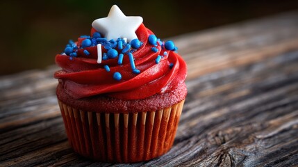 Close-up of a red cupcake with blue sprinkles and white star decoration on rustic wooden surface, celebrating 4th July, colors of the United States, Independence Day