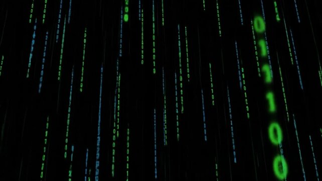 Digital Rain of Binary Code on Black Background