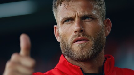Serious man with beard giving thumbs up gesture in sports outfit, expressive face, intense focus, background blurred