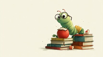   A caterpillar sits atop a book pile, clutching an apple and a worm