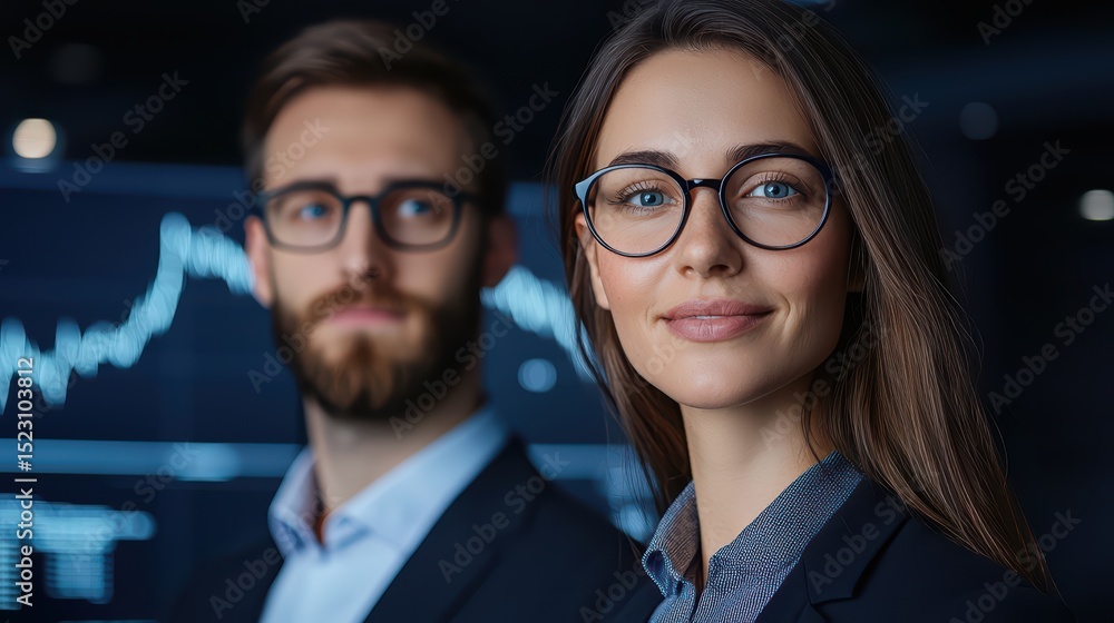 Poster professional business team in modern office setting analyzing graphs with confident expressions and 