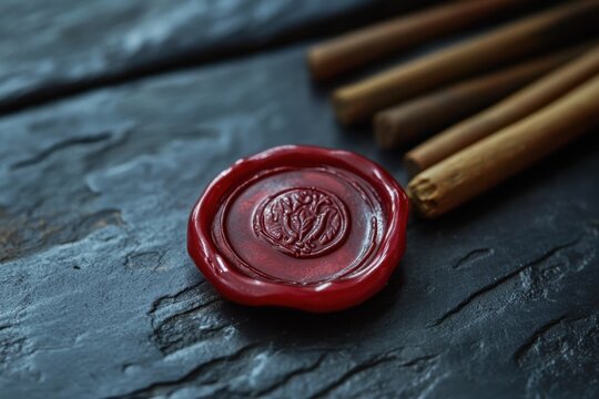 Crafting a red wax seal with cinnamon sticks on a textured surface