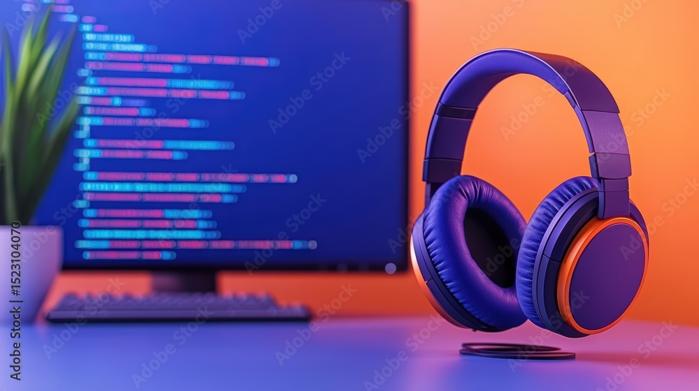Poster colorful workspace with headphones and computer monitor displaying code for tech enthusiasts and cre