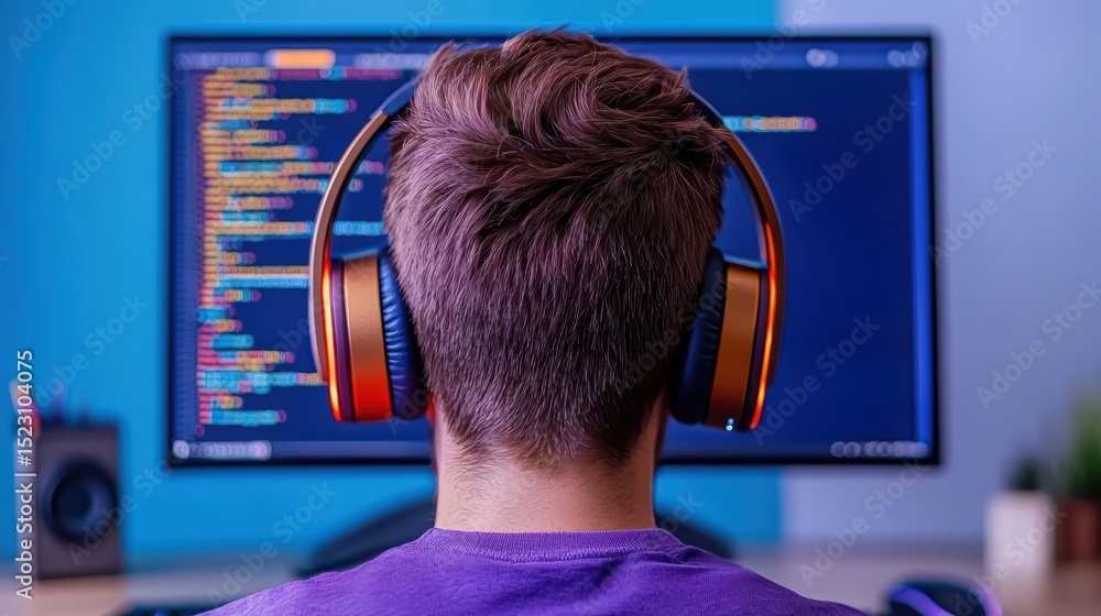 Poster young male programmer in headphones working on computer programming code on monitor in modern worksp