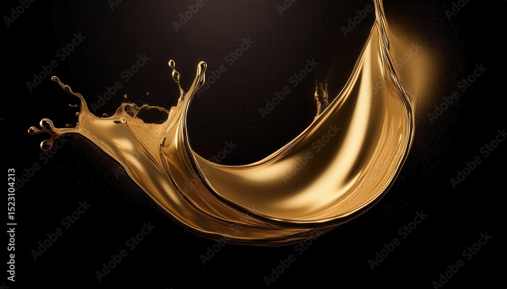Poster golden fluid splash arc on black background with metallic shine and dynamic movement, ideal for luxu