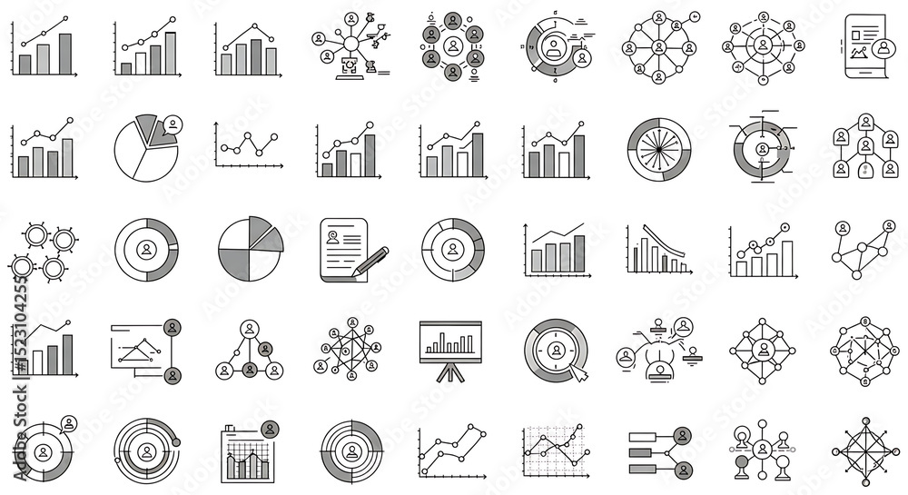 Poster visualizing growth: a comprehensive collection of linear and pie charts. this is a monochrome collec
