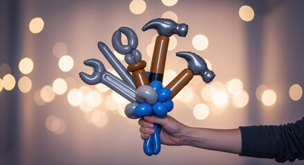Hand holding colorful balloon tool sculptures against blurred bokeh background. Inflated balloon toys shaped like wrenches, hammers and screwdrivers. Creative entertainment props for children's party