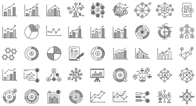 Visualizing Growth: A comprehensive collection of linear and pie charts. This is a monochrome collection designed to simplify data representation in various scenarios.