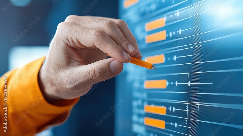 Poster person adjusting digital interface controls using stylus in modern technology environment