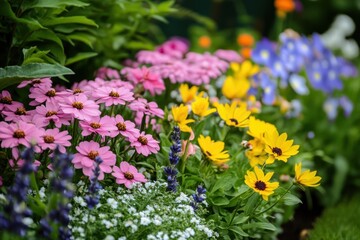 Obraz premium Vibrant flowers bloom in a colorful garden during springtime