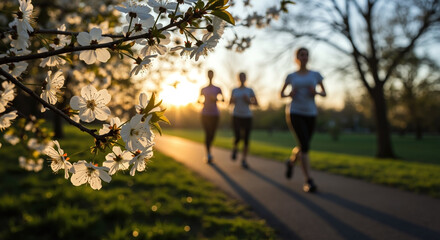 Obraz premium White cherry blossoms with three runners jogging in park during golden hour. Spring flowers on tree branches with people exercising on pathway. Outdoor fitness concept. Running club, health coaching