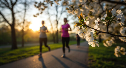 White cherry blossoms in foreground with two joggers running on park path at sunset. Spring flowers blooming while people exercise outdoors. Active lifestyle. Fitness coaching, wellness programs - obrazy, fototapety, plakaty